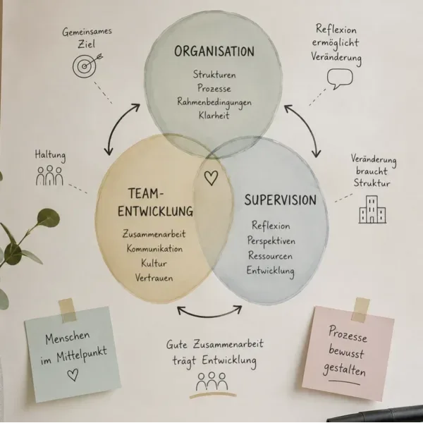 Handgezeichnete Grafik mit drei überlappenden Kreisen für Organisation, Teamentwicklung und Supervision